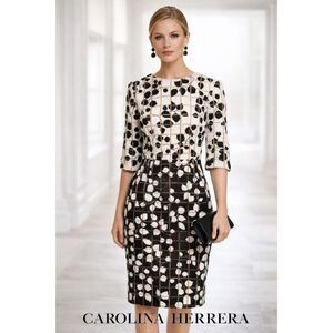 Carolina Herrera Leaf-Print Tweed Half-Sleeve Dress Size: M | US 8